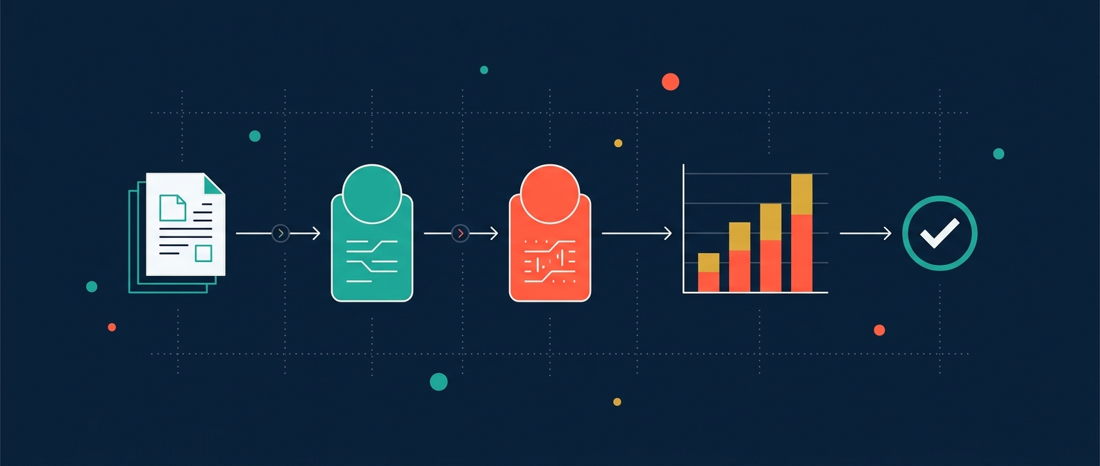 Abstract illustration: fund documents flowing through extraction nodes into a bar chart and a validation check mark
